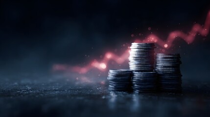 Stacks of cryptocurrency coins with futuristic data visualization overlay