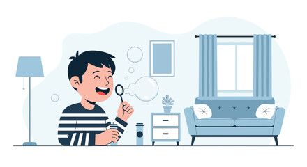 Cheerful Young Boy Having Fun Blowing Soap Bubbles In A Cozy Living Room