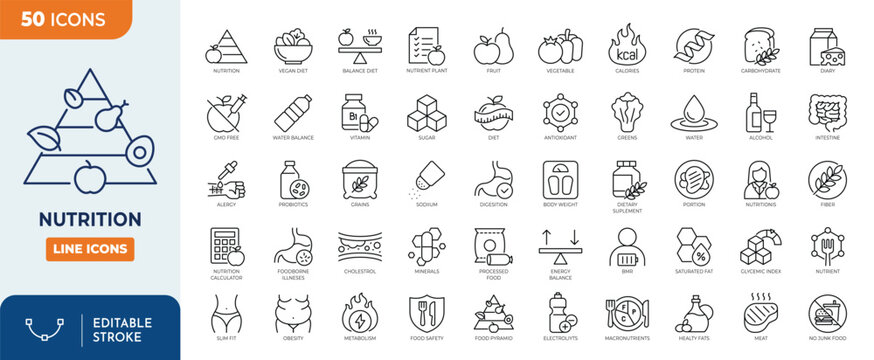 Nutrition line editable icon set. Containing Healthy Food, Vitamins, Supplements, Hydration, vegetables, fruits, protein, carbohydrate, and more. Editable stroke. Vector illustration - Powered by Adobe