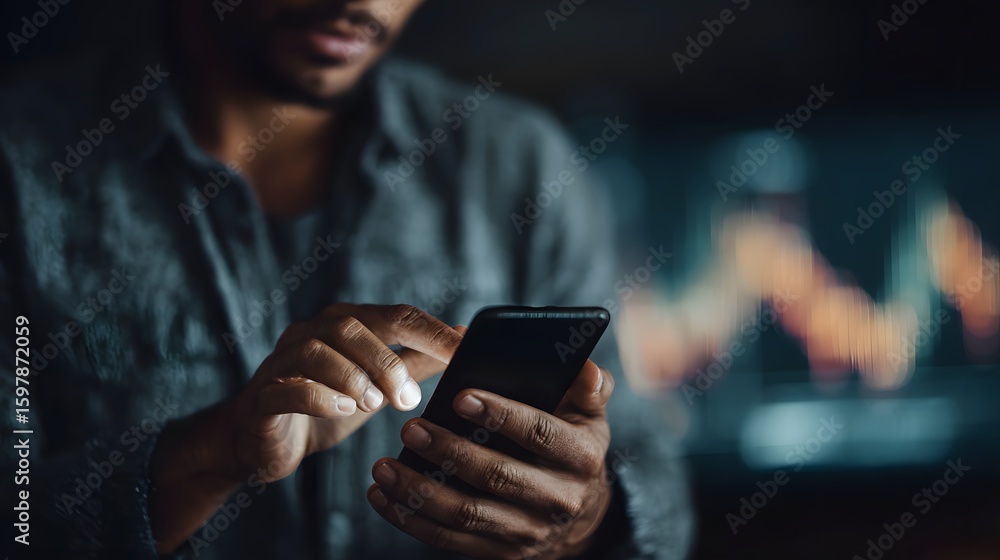 Poster a person using a mobile investment platform with digital transaction lighting and sharp focus
