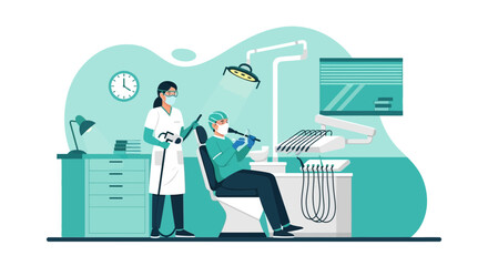 Dentist At Work Checkup Patient With Assistant In The Modern Clinic