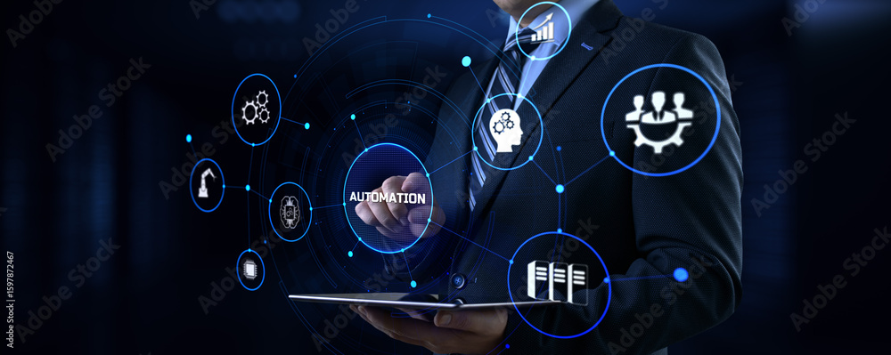 Poster automation innovation technology concept. businessman pressing button on screen.