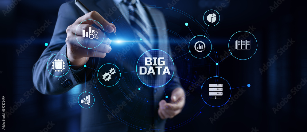 Poster big data analysis analytics internet technology concept. businessman pressing button on screen.