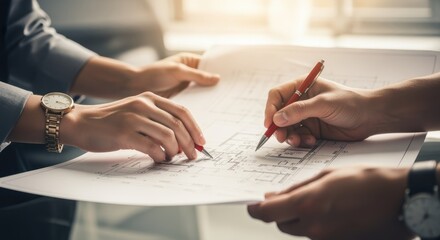 Two architects analyzing house blueprints, pointing out details with red pens while discussing the project in a well lit office, embodying collaboration and innovative design