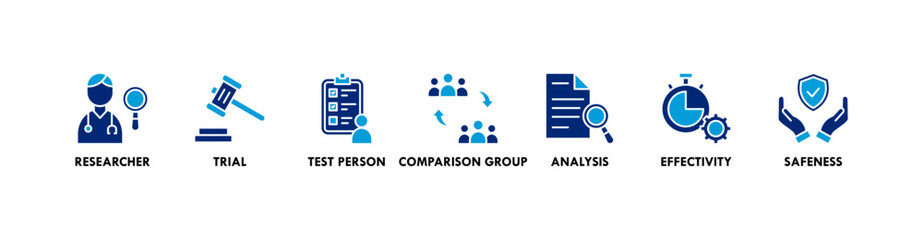 Clinical study banner web icon vector illustration concept for clinical trial research with an icon of researcher, trial, test person, comparison group, analysis, effectivity, and safeness