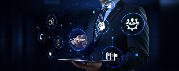 Automation Innovation technology concept. Businessman pressing button on screen.