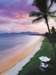 A serene beach scene depicts the ocean coastline at dusk
