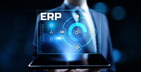 ERP Enterprise Resources planning software system business technology concept.