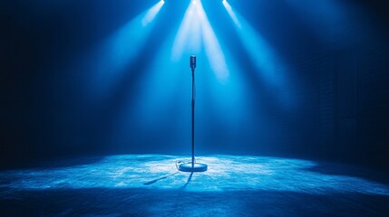 corporate event stage setup with spotlight and microphone, no people, ambitious tone, clean design elements, ultra-detailed, frontal angle