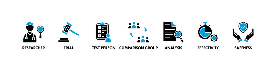 Clinical study banner web icon vector illustration concept for clinical trial research with an icon of researcher, trial, test person, comparison group, analysis, effectivity, and safeness