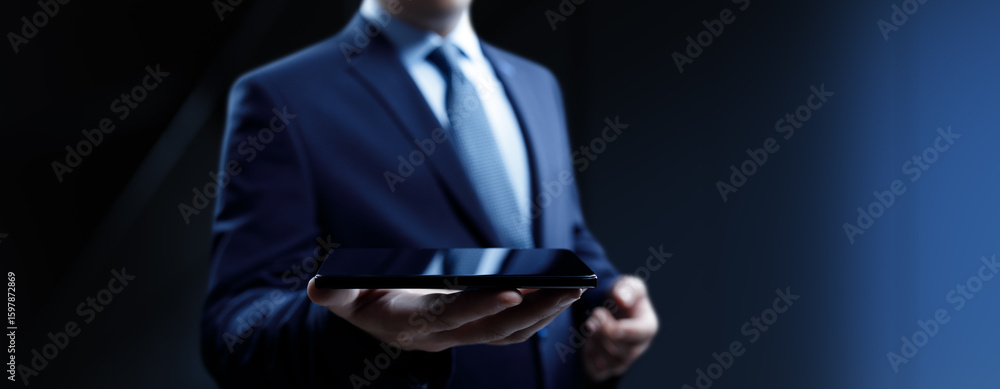 Poster businessman pressing button on virtual screen, innovation and digital touch interaction on futuristi