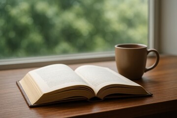 Naklejka premium An open book rests on a wooden table next to a coffee mug by the window
