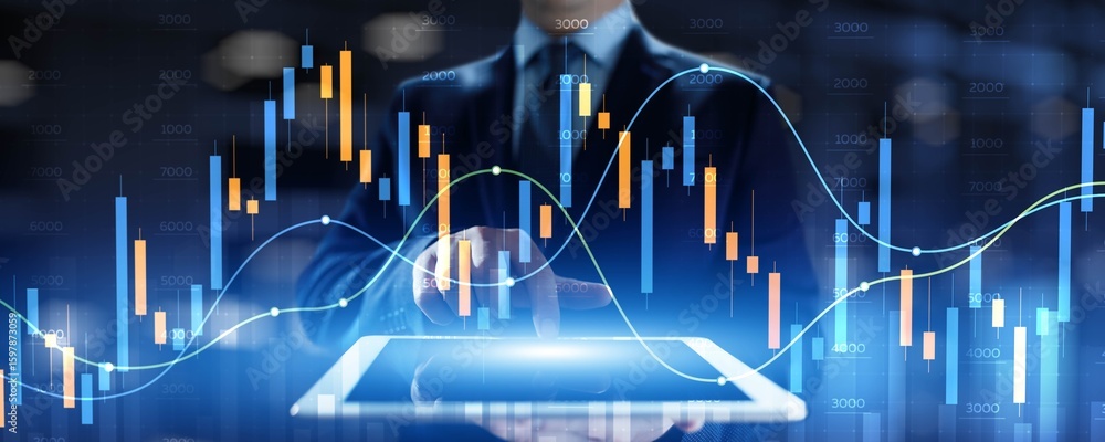 Poster advanced financial analysis and strategic decision-making with digital visualization.