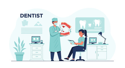 Dentist Explains Treatment With Artificial Jaw To Patient In Clinic