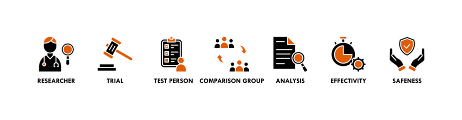 Clinical study banner web icon vector illustration concept for clinical trial research with an icon of researcher, trial, test person, comparison group, analysis, effectivity, and safeness