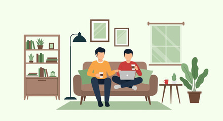 Men Relaxing At Home On Sofa With Laptop And Hot Beverage