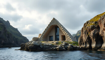 A triangular shellstone home nestled where the cliffs cleave into a sheltered lagoon, its frame catching both stormlight and stillness.