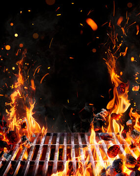 Bbq Grill - Embers Or Barbecue In Motion With Flames And Jumping Coal With Abstract Sparks - Fire On Charcoal In Night