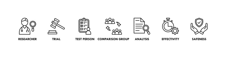 Clinical study banner web icon vector illustration concept for clinical trial research with an icon of researcher, trial, test person, comparison group, analysis, effectivity, and safeness