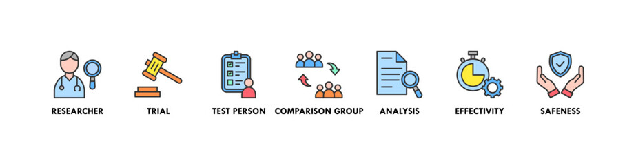 Clinical study banner web icon vector illustration concept for clinical trial research with an icon of researcher, trial, test person, comparison group, analysis, effectivity, and safeness