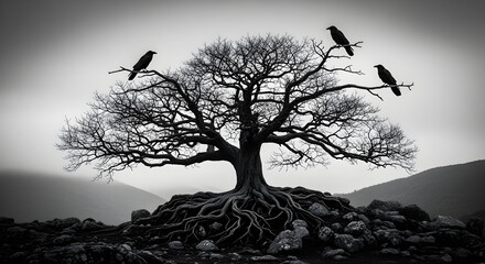 Stark landscape features a bare tree with three crows perched on branches