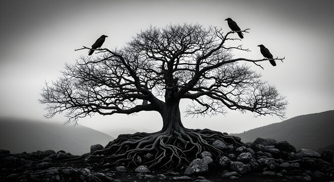 Stark landscape features a bare tree with three crows perched on branches