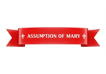 Red ribbon banner with assumption of mary text and cross symbols