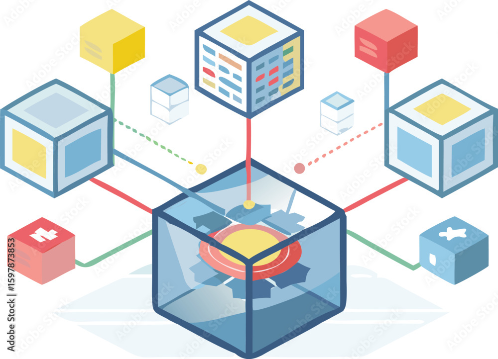 Poster isometric network diagram showcasing a central cube connected to various smaller cubes around it