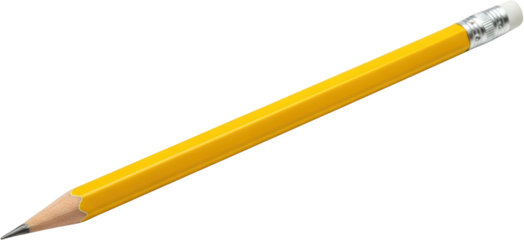 A sharpened yellow hexagonal pencil with a white eraser isolated on black transparent background
