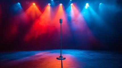 corporate event stage setup with spotlight and microphone, no people, ambitious tone, clean design elements, ultra-detailed, frontal angle