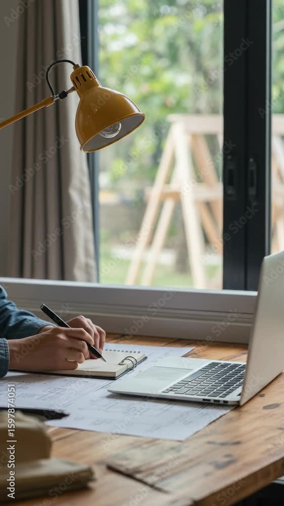 Poster focused individual working on a project at a desk with a laptop, notebook, and a view of the garden 