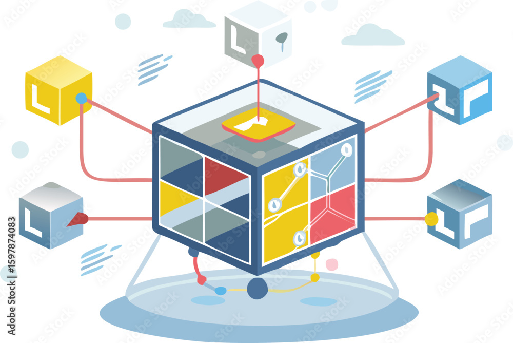 Poster isometric view of a central cube connected to smaller cubes with network connections shown clearly