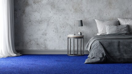 Modern bedroom interior with deep blue carpet