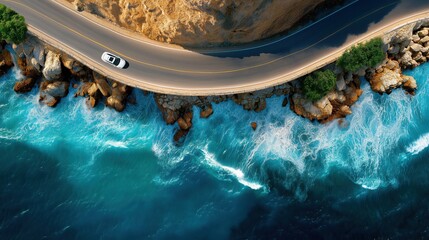 Aerial view of linear road and blue sea, Top view aerial view of Black sea coastal road on a clear day. Generative AI