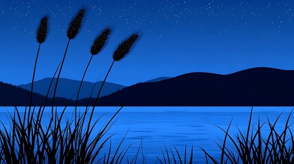 A calm night scene featuring water and silhouetted plants