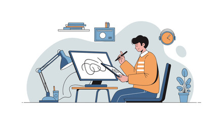 Digital Artist Working On Computer Drawing Tablet In Home Workspace