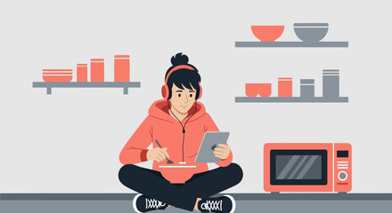 Digital Era Convenience A Young Person Relaxes With Technology In A Modern Kitchen