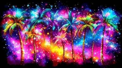 A vibrant display featuring colorful palm trees in the night sky