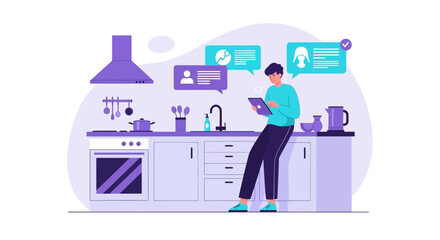 Modern Lifestyle Man Using Tablet At Home In The Kitchen Illustration