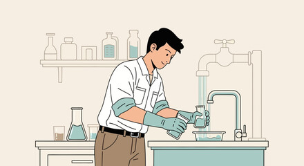 Diligent Scientist Cleans Laboratory Glassware After Chemical Experiment Carefully