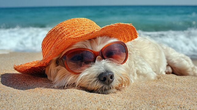 The adorable dog relaxing on the beach wearing a colorful hat and sunglasses.