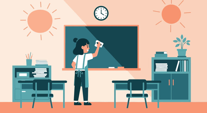 Diligent Student Cleans Blackboard In Empty Classroom Ready For New Lessons