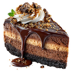 A decadent chocolate cheesecake slice with glossy ganache and cookie crumbles frozen mid-turn, rim-lit to emphasize moist layers and rich texture, isolated on transparent background. 