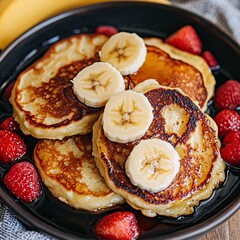 Delicious golden pancakes topped with banana slices and red berries