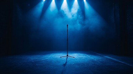 corporate event stage setup with spotlight and microphone, no people, ambitious tone, clean design elements, ultra-detailed, frontal angle