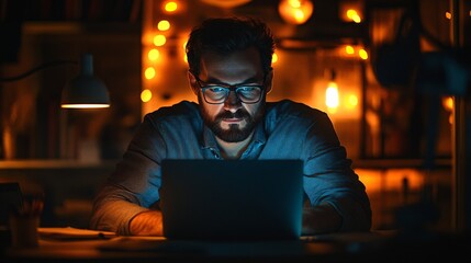 nighttime office scene with glowing laptop on desk, moody atmosphere, professional workspace, cinematic lighting, low-key setup, over-the-shoulder angle