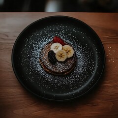 Delicious pancakes with fresh fruit arranged on a black plate