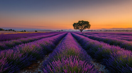 Lavender Field at Sunset Blooming with Purple Flowers in Provence