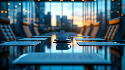 luxurious boardroom table with business documents and coffee cups, serious tone, elegant decor, ultra-realistic finish, balanced lighting, medium close-up