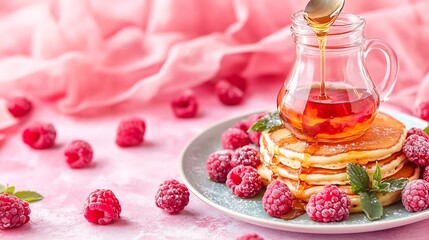 Pancakes with raspberries and syrup drizzled from a spoon